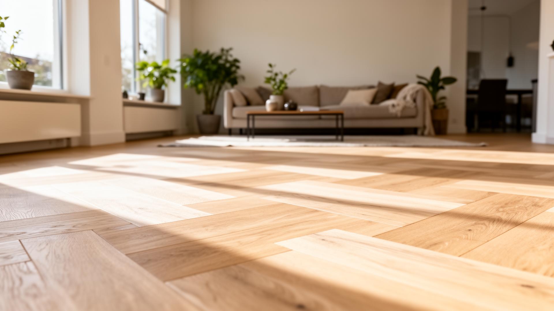 Lichte eiken visgraat vloer in een moderne woonkamer